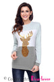 Sexy Charcoal White Grey Colorblock Gold Reindeer Top