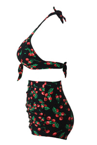 Sexy Cherry Print Black Retro High Waist 2 Pieces Swimsuit