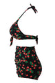 Sexy Cherry Print Black Retro High Waist 2 Pieces Swimsuit