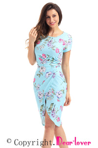 Sexy Chic Knot Side Wrapped Light Blue Floral Dress