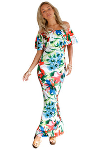 Sexy Chinese Painting Floral Print Off-the-shoulder Maxi Dress