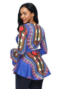 Sexy Cobalt Blue African Print Zipper Front Long Sleeve Top