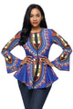 Sexy Cobalt Blue African Print Zipper Front Long Sleeve Top