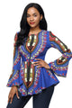 Sexy Cobalt Blue African Print Zipper Front Long Sleeve Top