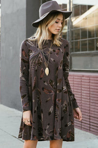 Sexy Coffee Feather Graphic Pocket Tunic Dress
