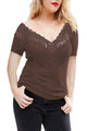 Sexy Coffee Off Shoulder V Lace Neckline Spliced Short Sleeve Top