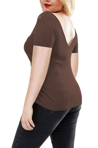 Sexy Coffee Off Shoulder V Lace Neckline Spliced Short Sleeve Top