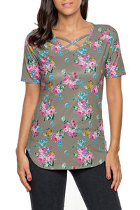 Sexy Coffee Super Soft Floral Tee Shirt with Crisscross Neck