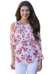 Sexy Cold Shoulder Pink Floral Blouse