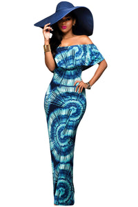 Sexy Color Gradient Fanshape Print Off-the-shoulder Maxi Dress