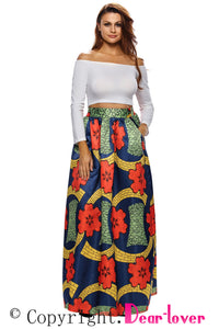 Sexy Colorful Floral African Print Navy Maxi Skirt