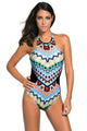Sexy Colorful Tribal Print High Neck One Piece Maillot