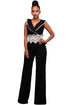 Sexy Contrast Lace Waist Insert Black Wide Leg Jumpsuit