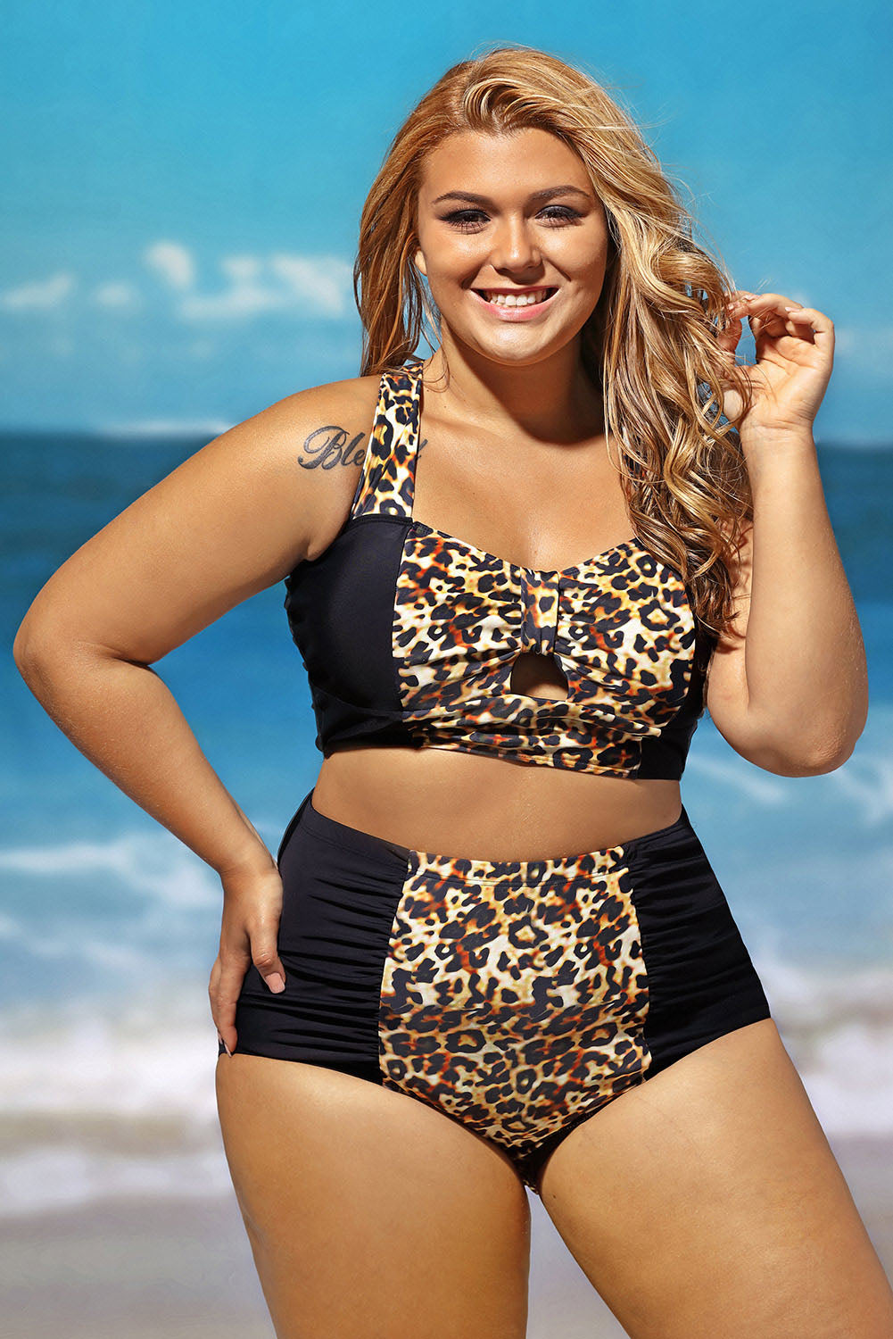 Sexy Contrast Leopard Splice Curvy High Waist Swimsuit Sexy Contrast Leopard Splice Curvy High Waist Swimsuit