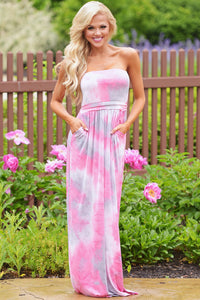 Sexy Contrast Tendril Print Pink Strapless Maxi Boho Dress