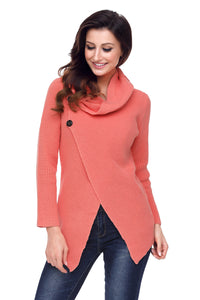 Sexy Coral Buttoned Wrap Cowl Neck Sweater