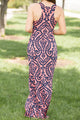 Sexy Coral Contrast Damask Print Sleeveless Long Dress
