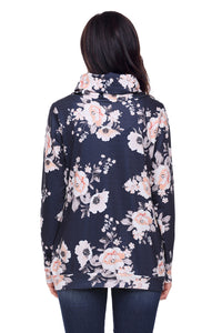 Sexy Coral Floral Print Cowl Neck Charcoal Sweatshirt