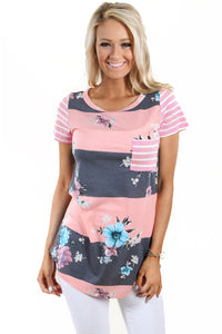 Sexy Coral Grey Colorblock Floral Striped Casual T-shirt