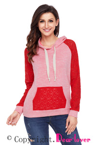 Sexy Coral Lace Accent Kangaroo Pocket Hoodie