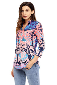 Sexy Coral Navy Easily Obsessed Damask Print Split V Neck Tunic