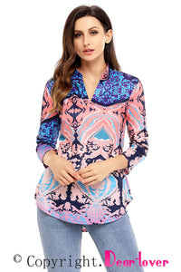 Sexy Coral Navy Easily Obsessed Damask Print Split V Neck Tunic