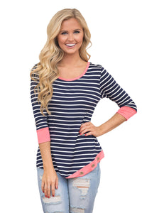 Sexy Coral Trim Accent Striped Side Button Blouse