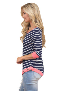 Sexy Coral Trim Accent Striped Side Button Blouse