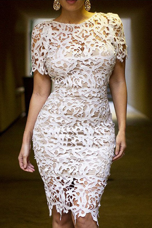 Sexy Cream White 2pcs Hollow-out Lace Midi Dress Sexy Cream White 2pcs Hollow-out Lace Midi Dress