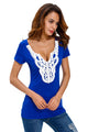 Sexy Crochet Lace Applique Blue T-shirt