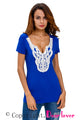 Sexy Crochet Lace Applique Blue T-shirt