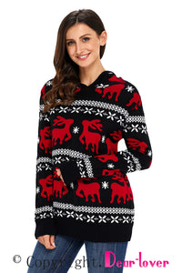Sexy Cute Christmas Reindeer Knit Black Hooded Sweater