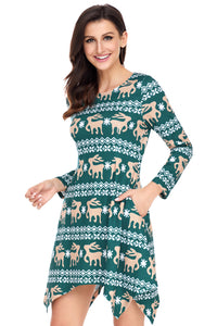 Sexy Cute Christmas Reindeer Print Green Swingy Mini Dress