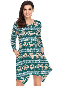 Sexy Cute Christmas Reindeer Print Green Swingy Mini Dress