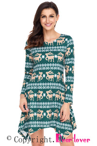 Sexy Cute Christmas Reindeer Print Green Swingy Mini Dress