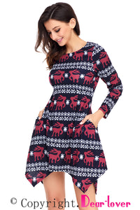 Sexy Cute Christmas Reindeer Print Navy Swingy Mini Dress