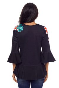 Sexy Cute Flowery Print Black Bell Sleeve Peplum Top