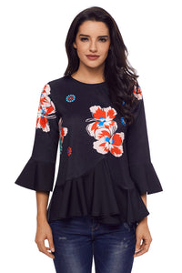 Sexy Cute Flowery Print Black Bell Sleeve Peplum Top