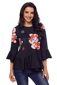 Sexy Cute Flowery Print Black Bell Sleeve Peplum Top