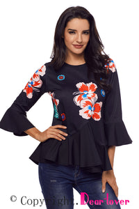 Sexy Cute Flowery Print Black Bell Sleeve Peplum Top