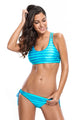 Sexy Cyan Blue Striped Bathing Suit with Halter Beach Cover Top