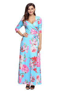 Sexy Cyan Floral Print Wrapped Long Boho Dress