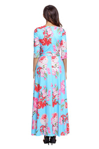 Sexy Cyan Floral Print Wrapped Long Boho Dress