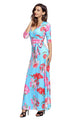 Sexy Cyan Floral Print Wrapped Long Boho Dress