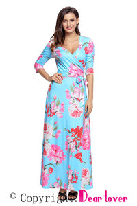 Sexy Cyan Floral Print Wrapped Long Boho Dress