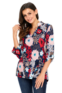 Sexy Dark Blue Blossom Print Slight V Neck Blouse