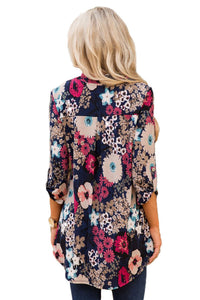 Sexy Dark Blue Blossom Print Slight V Neck Blouse