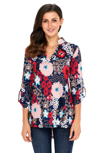 Sexy Dark Blue Blossom Print Slight V Neck Blouse