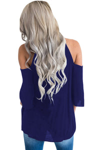 Sexy Dark Blue Embroidery Detail Cold Shoulder Top