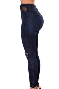 Sexy Dark Blue Fishnet Splice High Waist Jeans